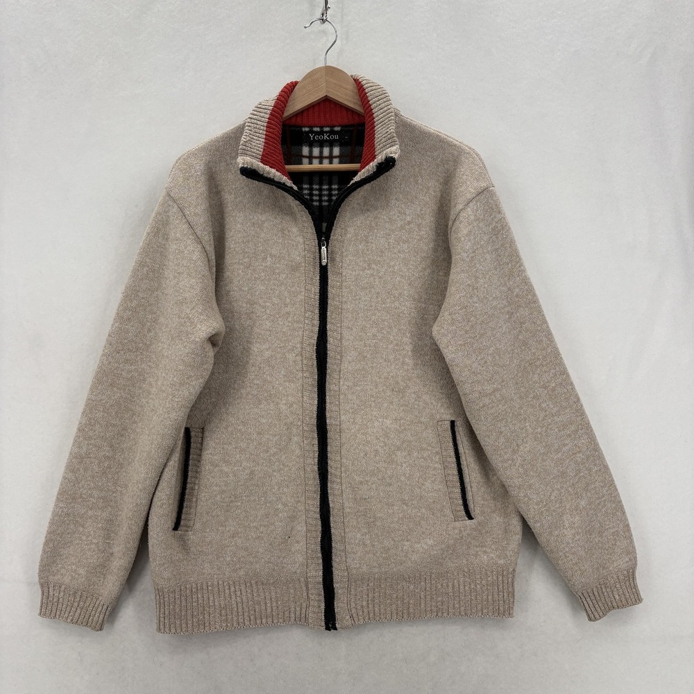 YeoKou Sweater Mens Large Beige Full Zip Cashmere Wool Blend Fleece Lined Knit